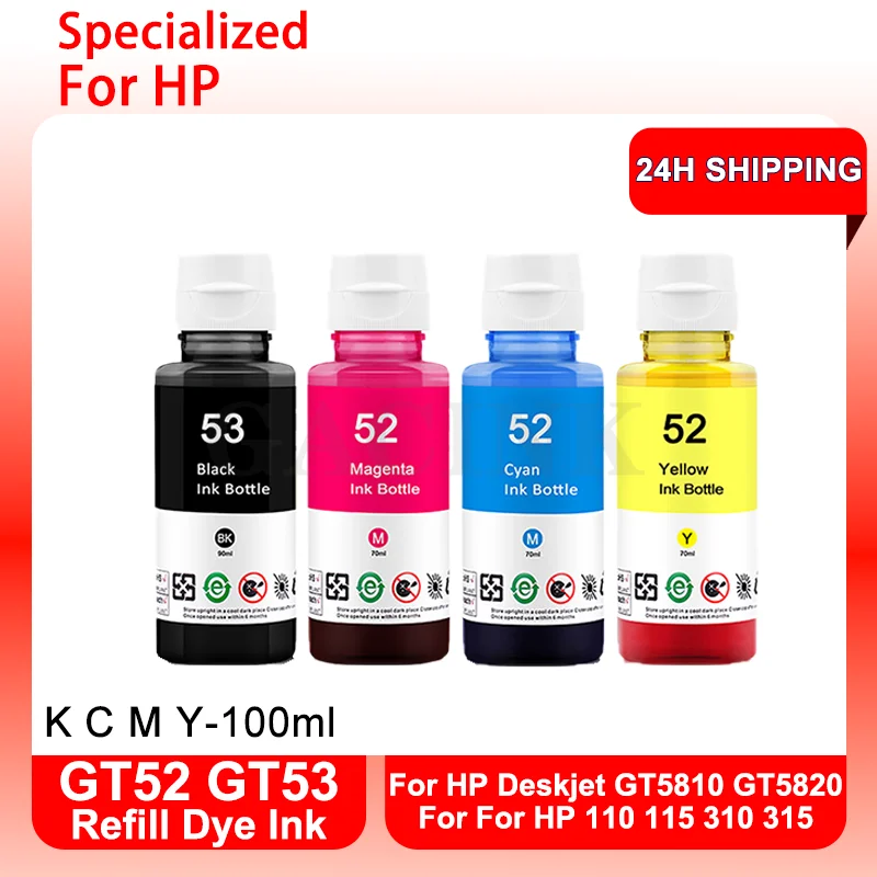 100ML*4 GT52 GT53 Refill Dye Ink For HP GT 52 53 Deskjet GT5810 GT5820 5810 5820 For HP 110 115 310 315 Inkjet Printer