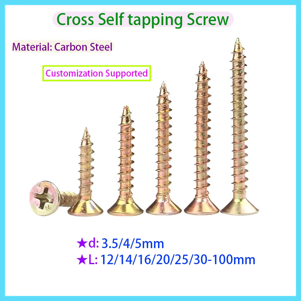

Cross Head Self Tapping Wood Screw Color Zinc, Suitable for Drywall and Fiberboard M3.5 M4 M5 M6