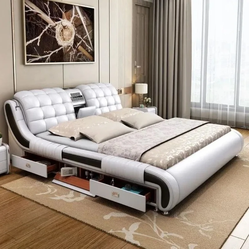

Minimalist Wood Aesthetic Double Bed Queen Size Storage Princess Modern Twin Bed Frame White Multifunctional Camas Furniture