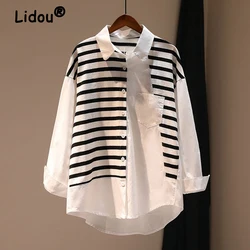 Women Y2K Striped Print Patchwork Irregular Button Shirts Simple Casual Lapel Long Sleeve Loose Streetwear Blouse Female Blusas