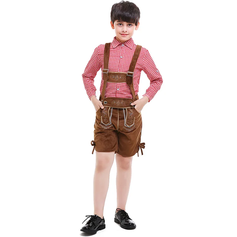 Costume da birra per bambini ragazzo Oktoberfest Lederhosen Beer Pants pagliaccetti bretelle Outfit Bavaria Beer Party Halloween Fancy Dress