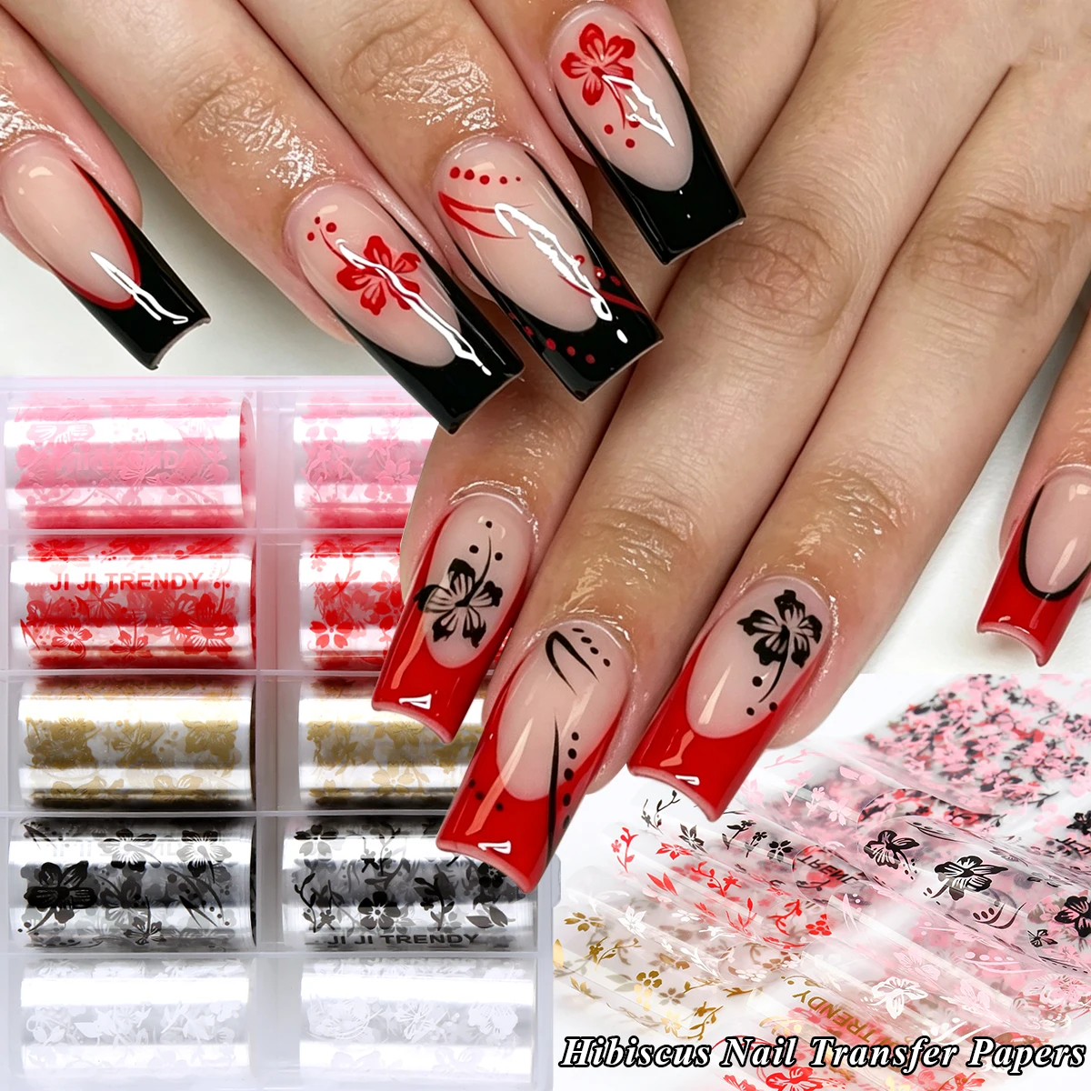 10pcs Hibiscus Flower Nail Transfer Foil Multicolor Floral Nail Art Stickers Decals DIY Manicure Decorations Nail Salon Supplies