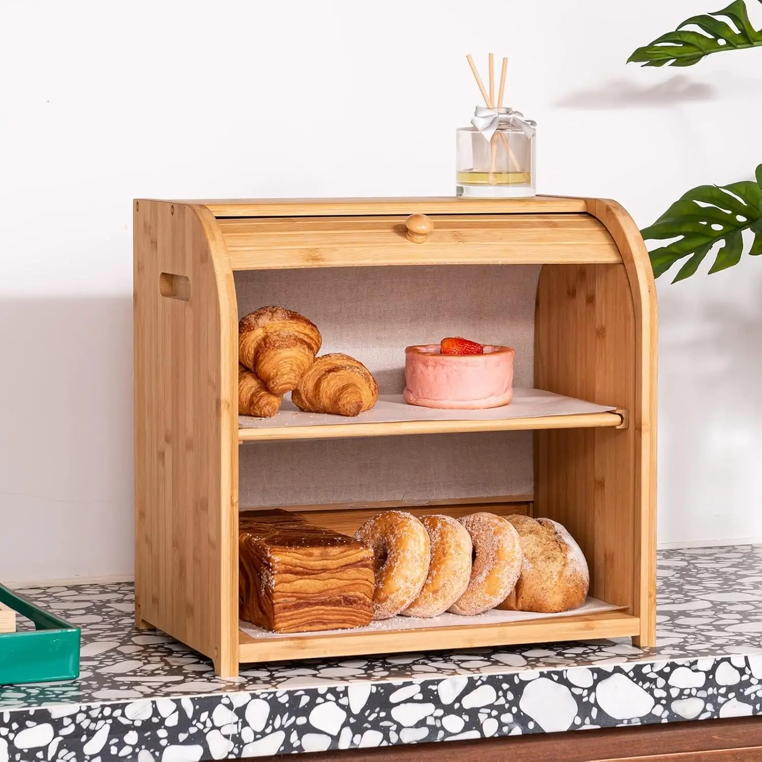 

Double Layer Large Bread Box for Kitchen Counter,Bamboo Large Capacity Bread Bin,Counter-Large Capacity Bread Container Farmho