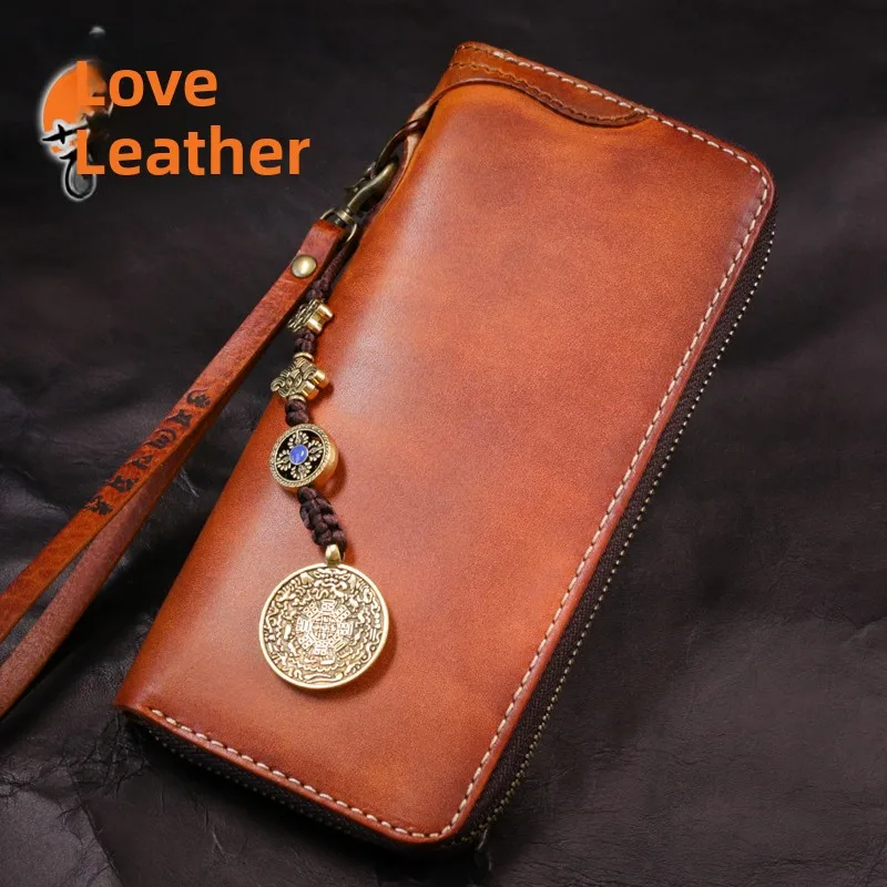handcrafted-vintage-leather-wallet-men's-cash-bag-plant-tanned-cowhide-long-handbag-youth-zipper-closure-wallet-pure-color