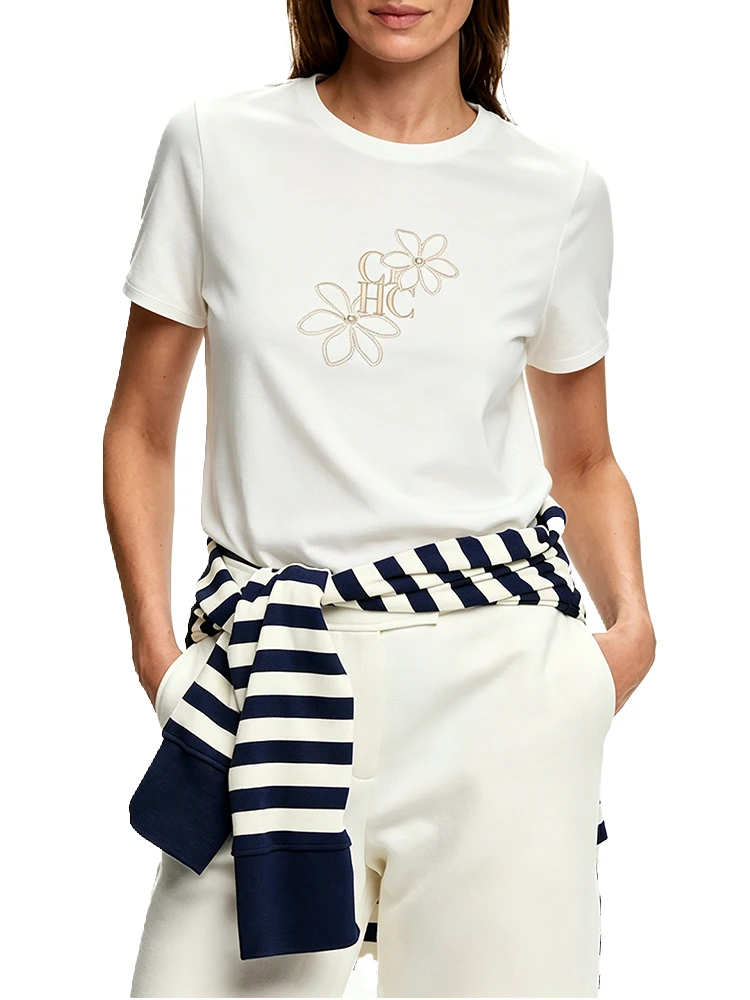 CH Damen-T-Shirt mit Rundhalsausschnitt, weiß, mit Blumenstickerei und Buchstaben-Aufdruck, weiches, lässiges Kurzarm-T-Shirt – Detail 2