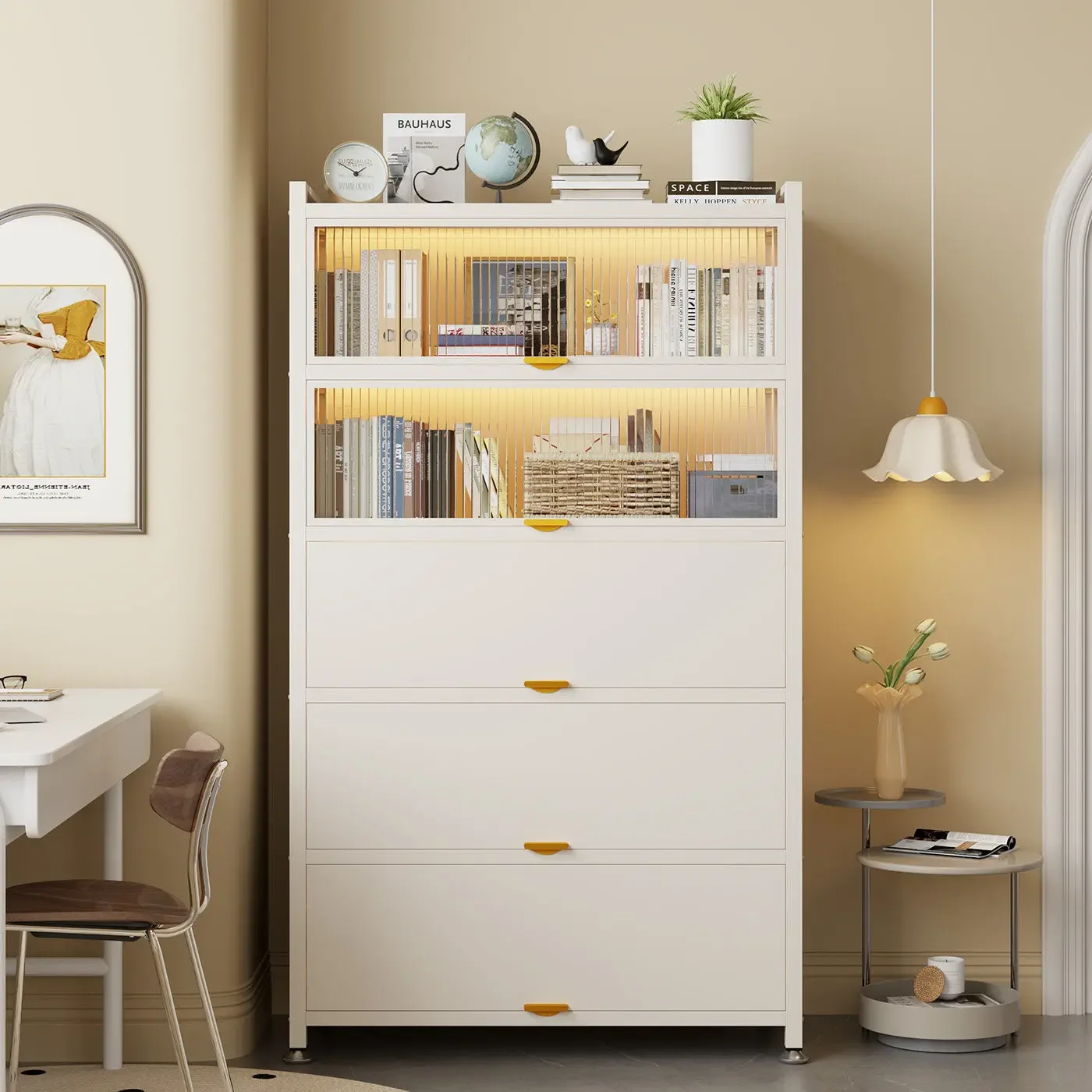 Household steel bookcase with door Children's multi-layer shelf Living room storage cabinet Dust-proof wrought iron