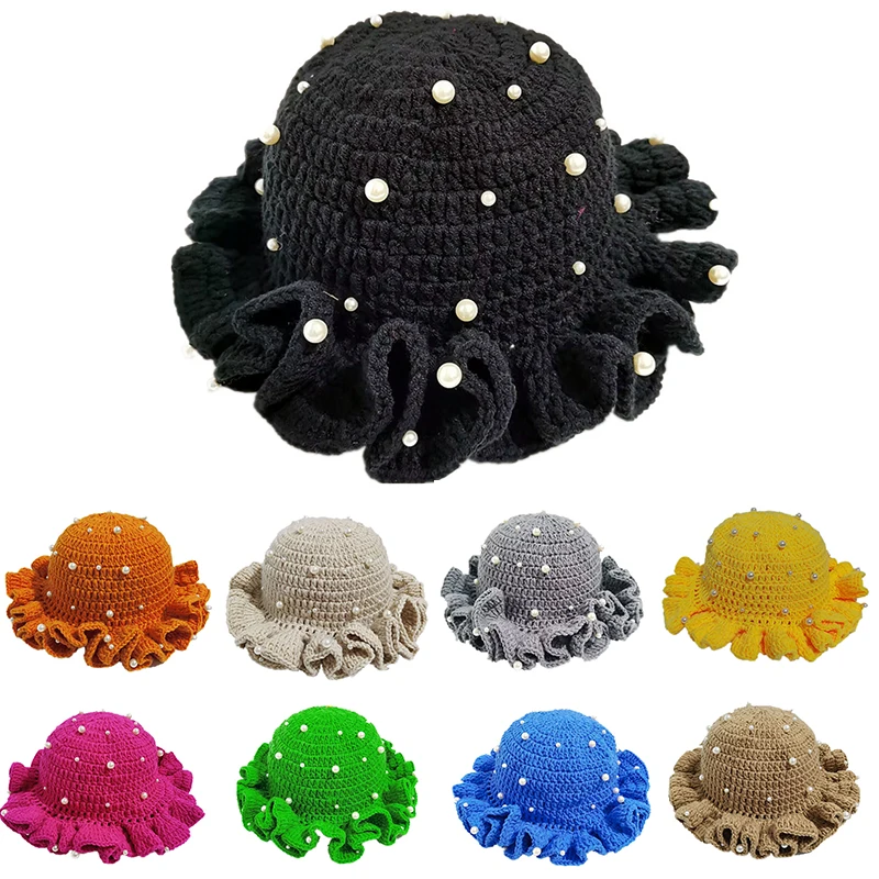 

Fashion Women Crochet Scallop Ruffle Edge Knit Handmade Crochet Pearls Knitted Hats Adult Trendy Winter Girl Beanie Knitted Hat