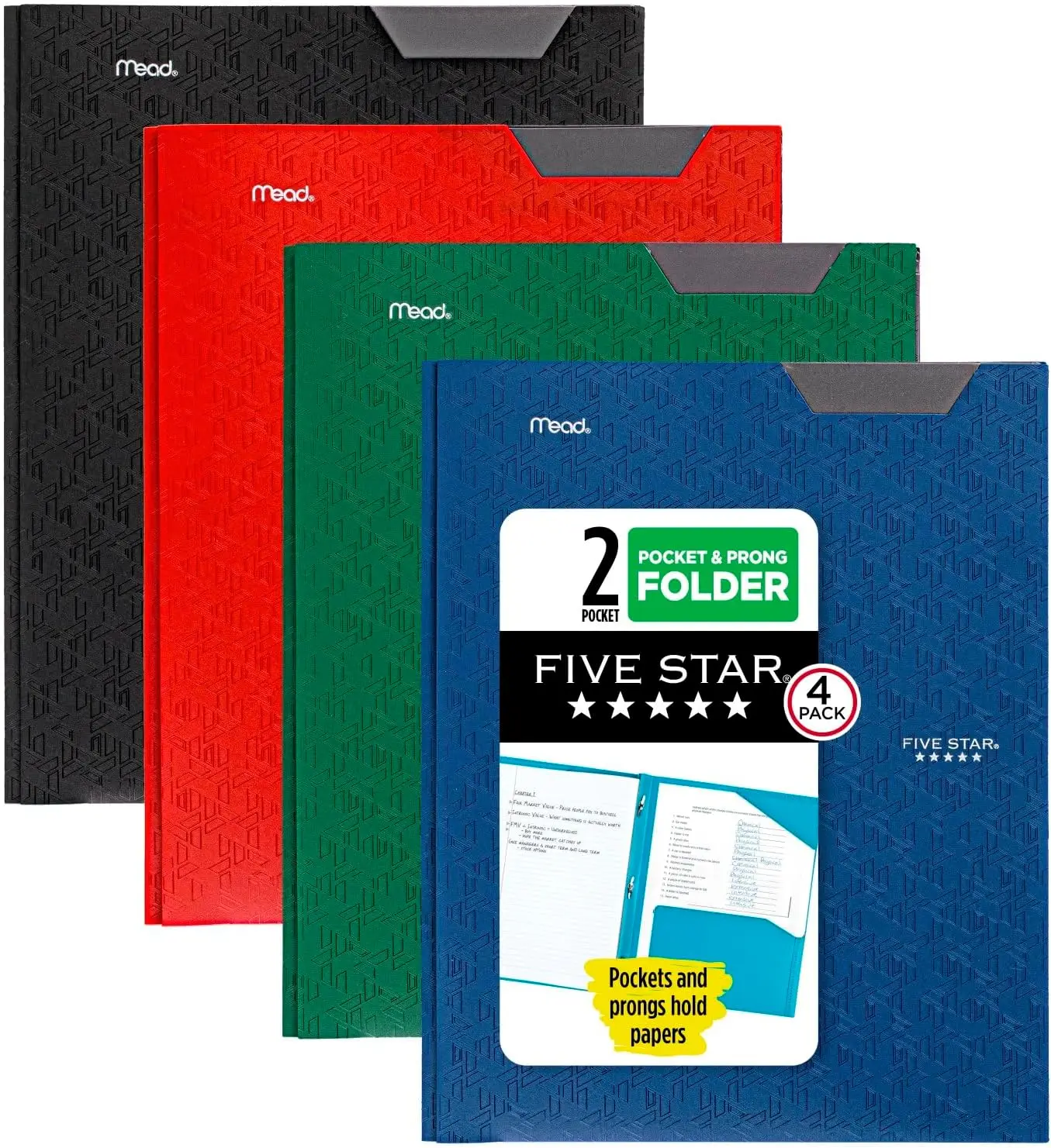 

2-Pocket Plastic Folder 4 Pack with Stay-Put Tabs and Prong Fasteners, Holds Letter Size Paper in Black, Red, Green, Blue