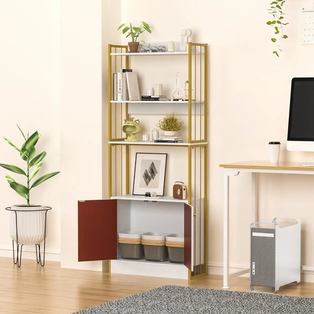 

4-Tier Bookshelf with Doors, Tall Bookcase with Storage Cabinet, Freestanding Book Storage Stand, Multi-Layer Storage Reading Di