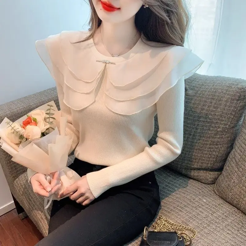 Autumn Winter New Ruffles Peter Pan Collar Knitting Sweater Long Sleeve Fashion Slim Bottoming Shirt Women Clothing Elegant Tops