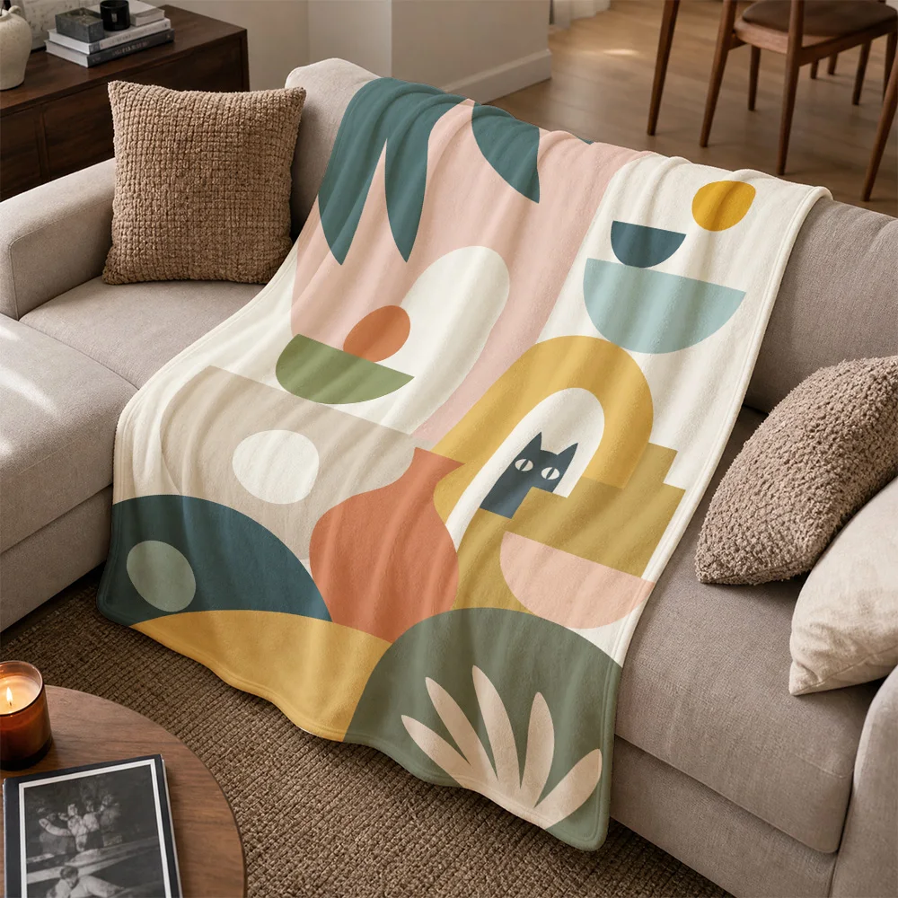 Mid Century Modern Abstract Throw Blanket for Sofa Couch Living Room Decor Boho Geometric Plush Cozy