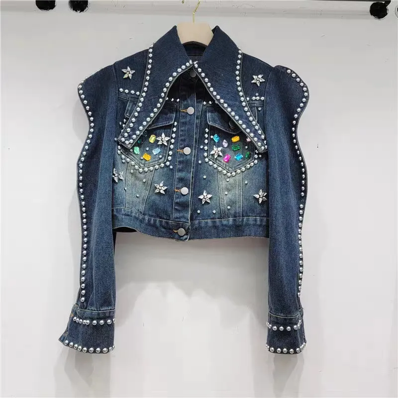 

Multicolour Diamonds Rivet Big Pocket Puff Sleeve Denim Jacket Women Slim Short Cowboy Outerwear Blue Black Jeans Jackets Female