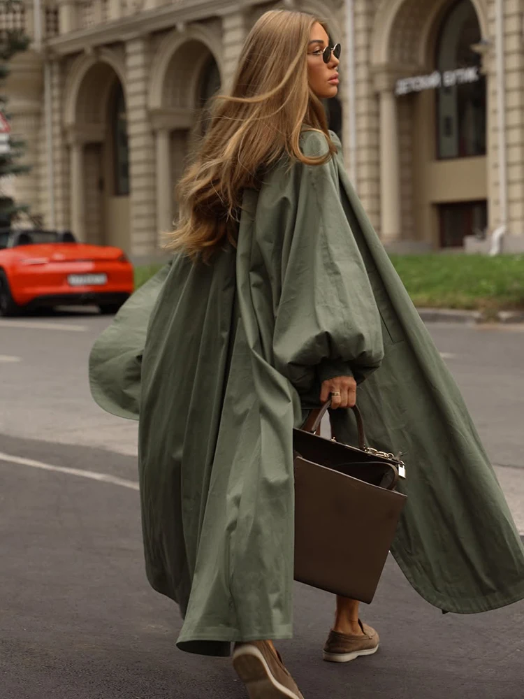 Damen Loser Drapierter Trenchcoat mit Stehkragen, Laternenärmeln, Seitenschlitz, Einreihig, Lässige Oberbekleidung, Stilvoller Alltagsmantel für Damen – Detail 7
