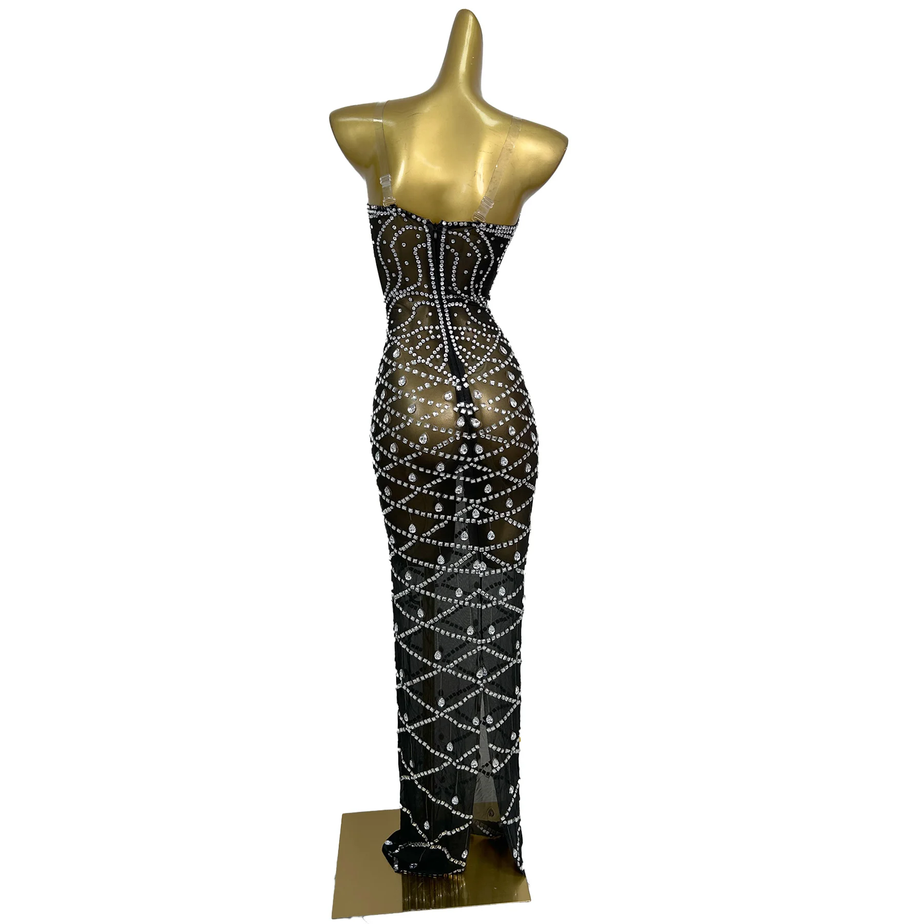 Lamei Elegant Women Suspender Dress Silver Rhinestone See Through Mesh Dress Bar Performance Dress Birthday Cocktail Prom Gowns