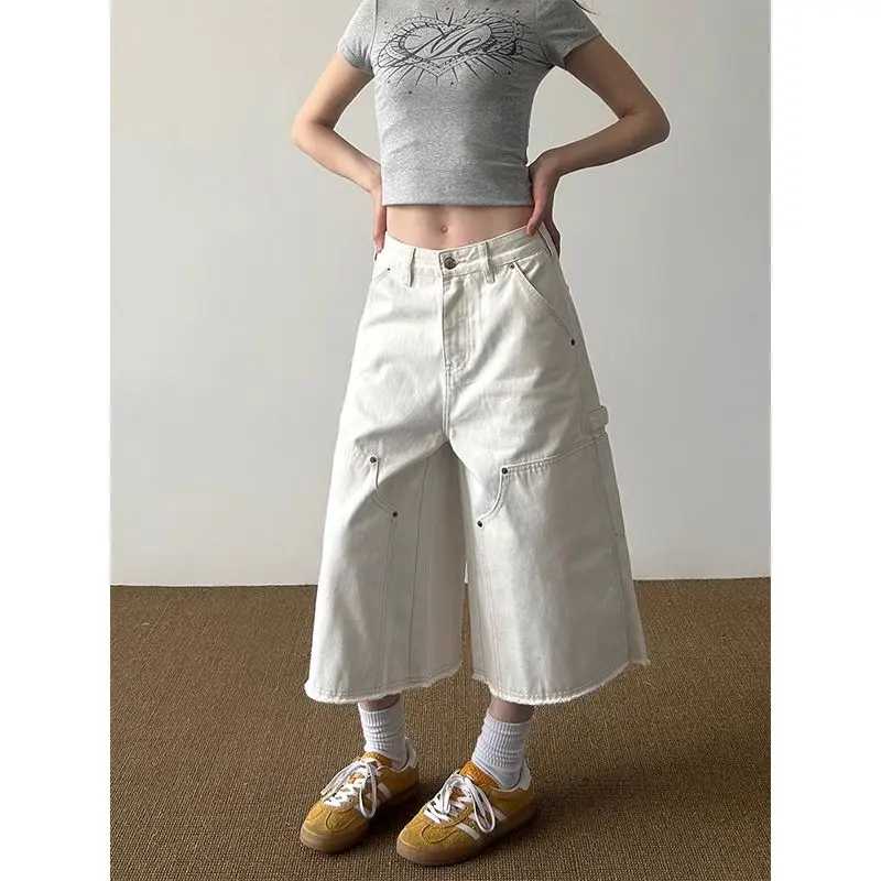 

Белые джинсовые укороченные брюки с эффектом потертости для женщин, летние, в американском уличном стиле, новые, свободные, прямые, повседневные