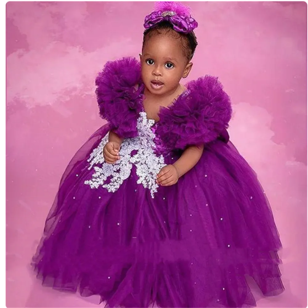 

Cute Purple Baptism Flower Girls Dress Applique Pageant Ball Gowns Child Dress For Wedding First Communion Photo Shoo