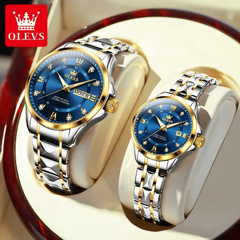 OLEVS 2906 relojes de pareja de cuarzo con fecha a la moda, reloj de lujo superior para hombres y mujeres, reloj de pulsera de acero inoxidable resistente al agua