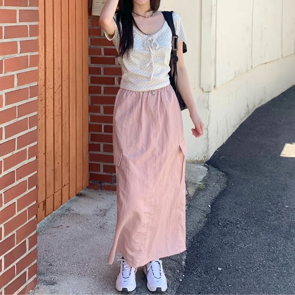 Casual Drawstring Pleated Work Skirt Split High Waist Loose Fit Long Skirt Commute Style Ladies' Pocket Design Other Material