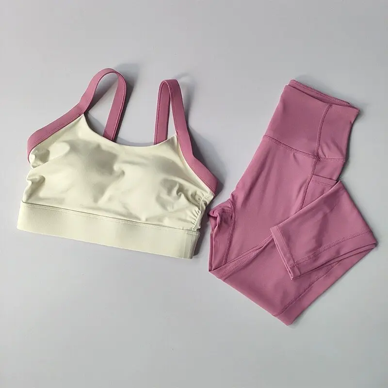 Conjunto de ioga, conjunto de exercícios de ioga de alta intensidade, calças de fitness femininas com bolso, roupa íntima com copas fixas