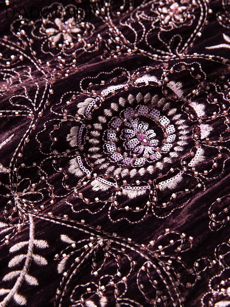 DSXDFACAIRIJ فستان ماكسي نسائي عتيق مطرز بالترتر مطرز برقبة دائرية وأكمام واسعة وكشكشة مخملية فساتين شبكية مرقعة