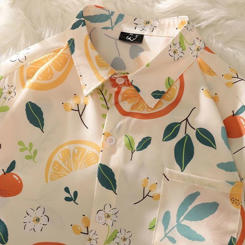 Fashionable Loose Couple Lemon Print Shirt Trendy Versatile Casual Men's And Women's Short Sleeves Fragmented Flower Shirt