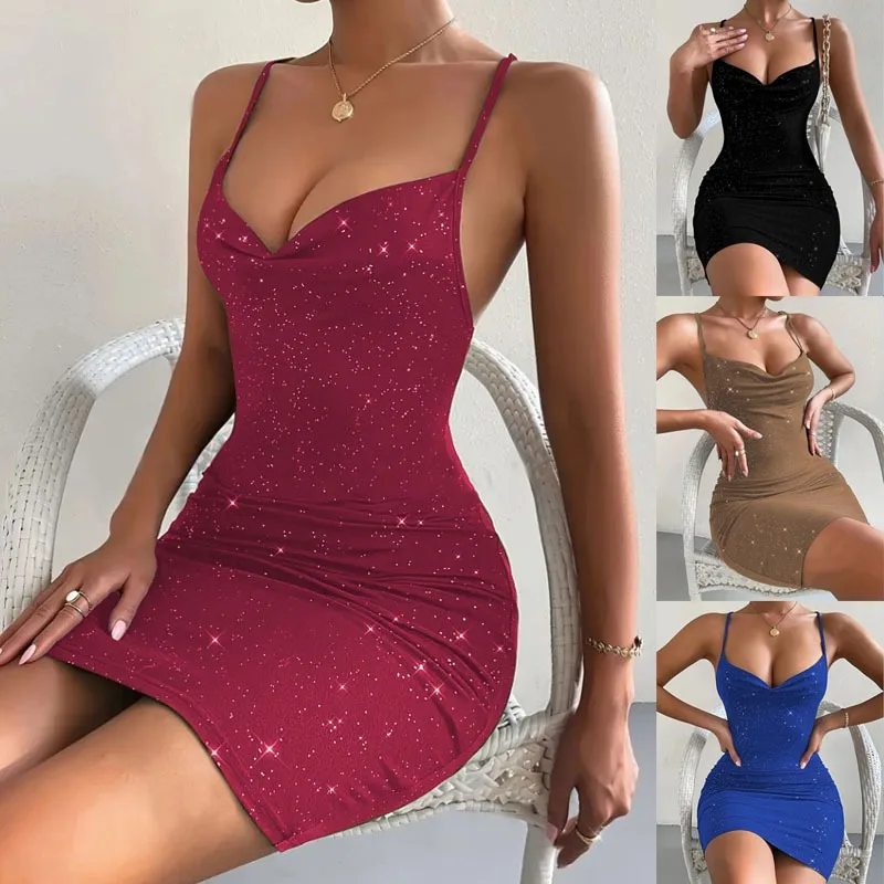 Image of Damen Einfarbiges V-Ausschnitt Spaghetti-Träger Sexy Figurbetontes Midi-Kleid mit Überkreuzten Trägern Casual EU US Abendkleid