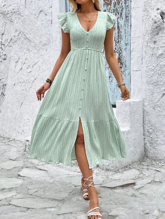 

Летнее женское платье с v-образным вырезом и разрезом, легкое плиссированное текстурное зеленое платье для женщин, элегантное облегающее однотонное платье с высокой талией