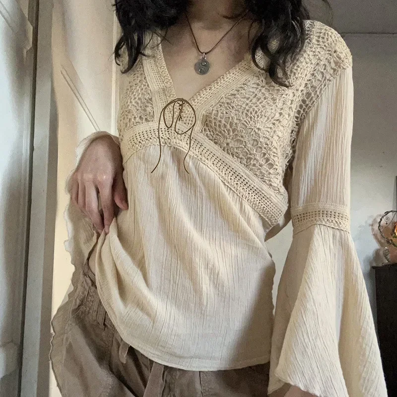 Spring and Autumn Retro Casual Waist Collection Pure Cotton Commuter Mesh Splice Lace Up Flare Sleeves V-Neck T-Shirt