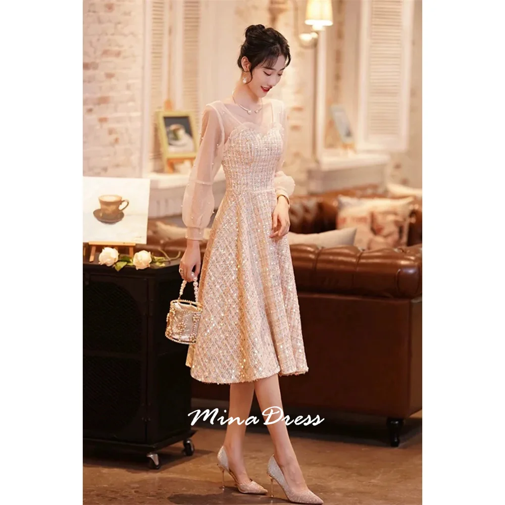 Mina Customized Champagne Evening Dress Engagement Long-sleeved Bridesmaid Suit Student Dance Host Dress Can Be Worn Small Dress
