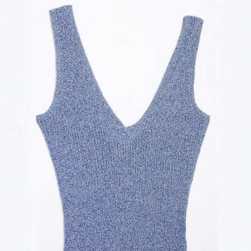 ถักBodycon Slimชุดยาวผู้หญิงฤดูใบไม้ผลิ 2025 ใหม่ผู้หญิงแฟชั่นวันหยุดลมแขนกุดVคอMidiชุดVestidos