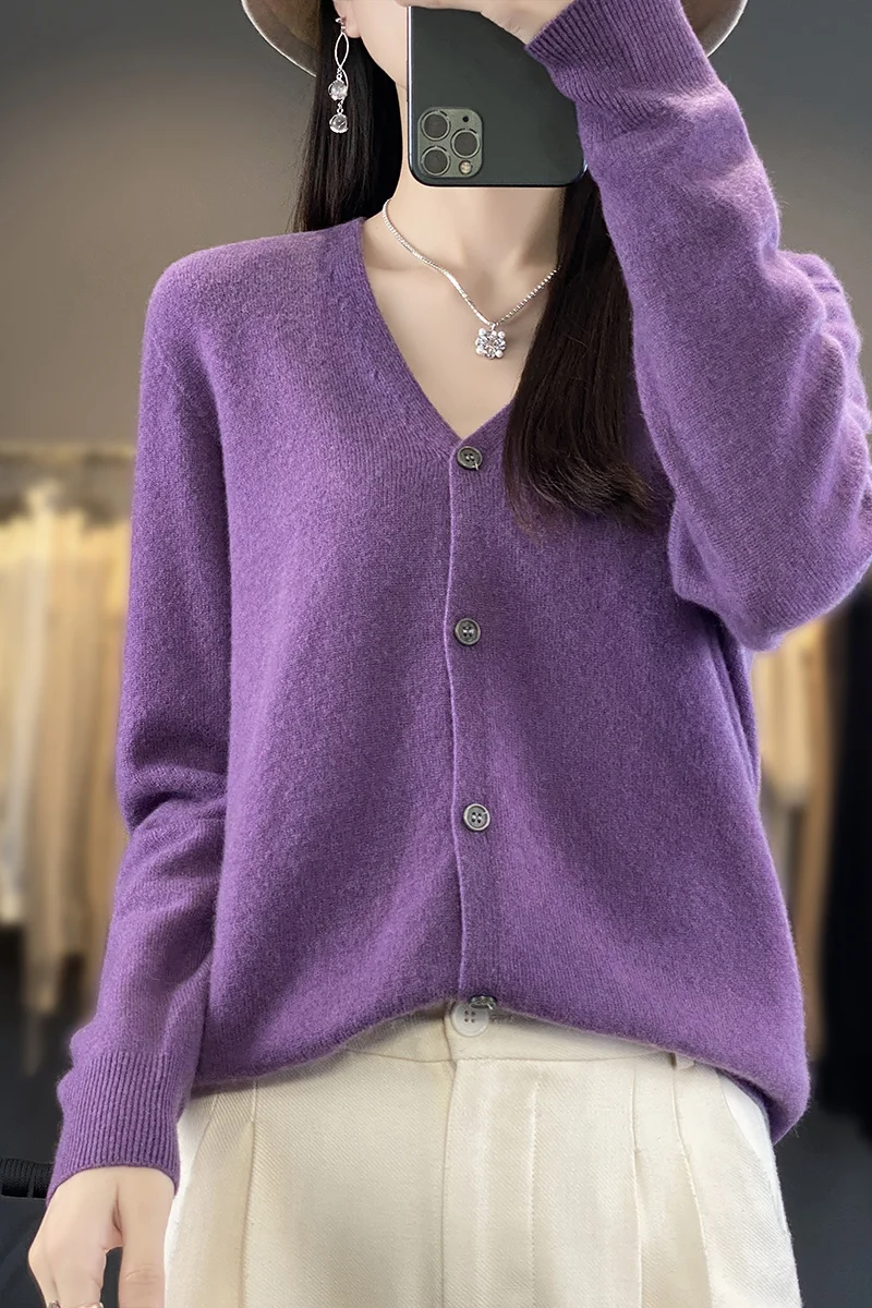 Basic V-Neck 100% Merino Wool Sweater Women Knitted Cashmere Cardigan Spring Autumn Female Knitwear Clothing Tops