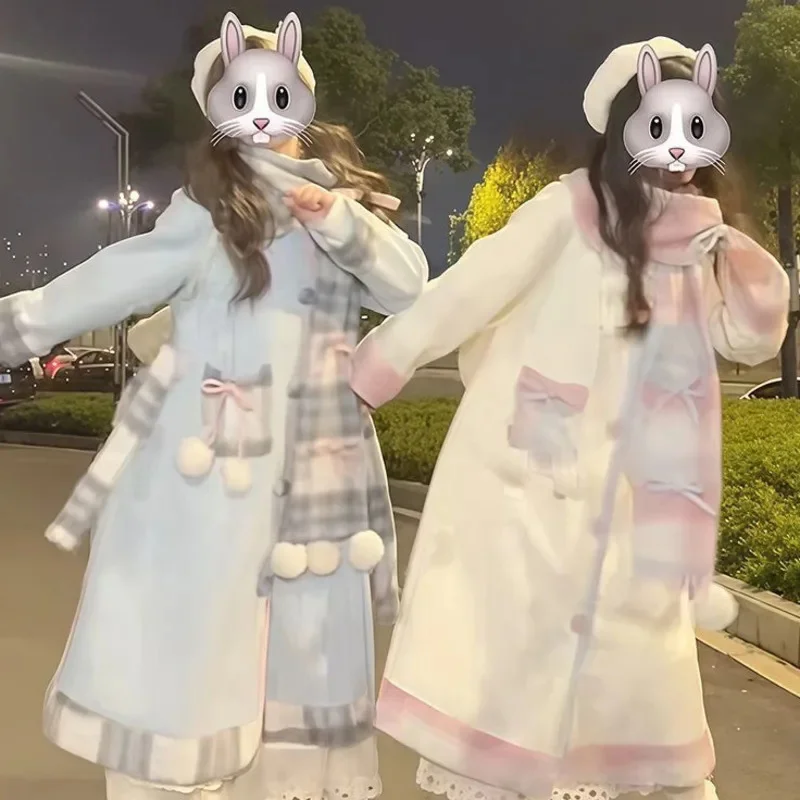 

Шерстяное пальто с принтом Y2K и галстуком-бабочкой, клетчатый шарф, шерстяное кремовое пальто средней длины, милое женское пальто в стиле ретро, куртка, новинка