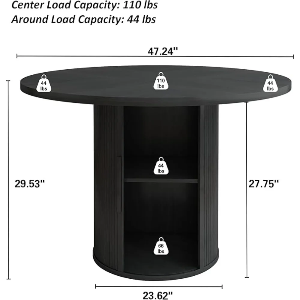 47 inch Round Dining Table for 4, Kitchen Table Dinner Table with 2-Layer Storage Shelf and Wood Slide Door