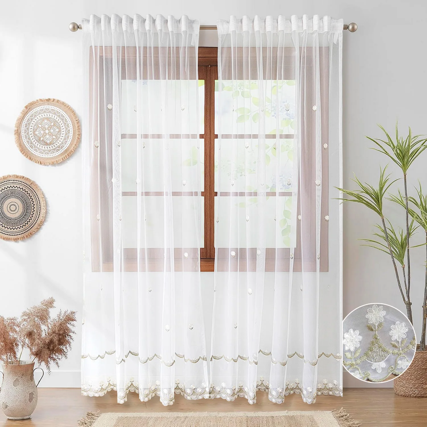 Romantic Pastoral Floral Embroidery Sheer Curtain for Bedroom, Living Room, Farmhouse Voile Tulle Window Drapes Home Decor