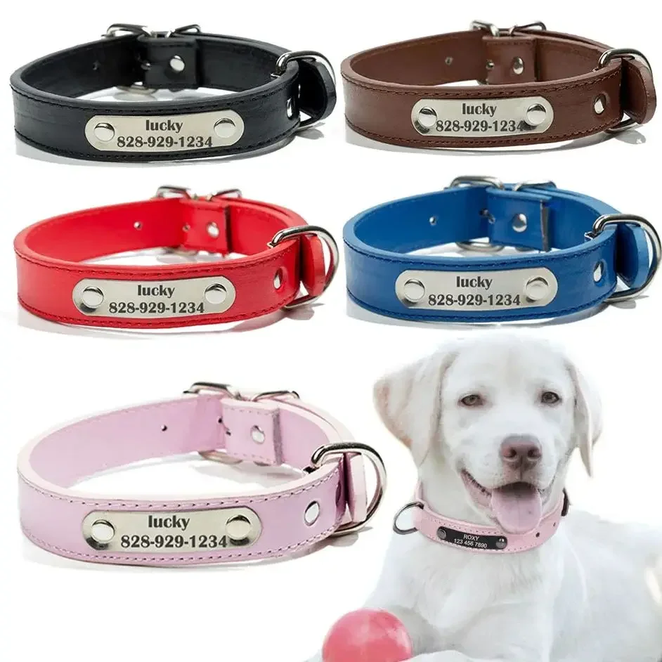 Personalized Dog Collar Custom PU Leather Dog Collar For Small Medium Large Dogs Cats Free Engraved Name ID Tag Pet Dog Collars