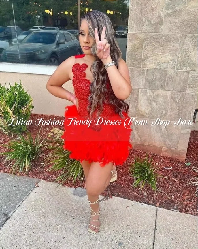 Red Luxury Short Prom Homecoming Dresses Sparkly Diamond Crystal Feather Birthday Party Gown robe de soirée de luxe 2024