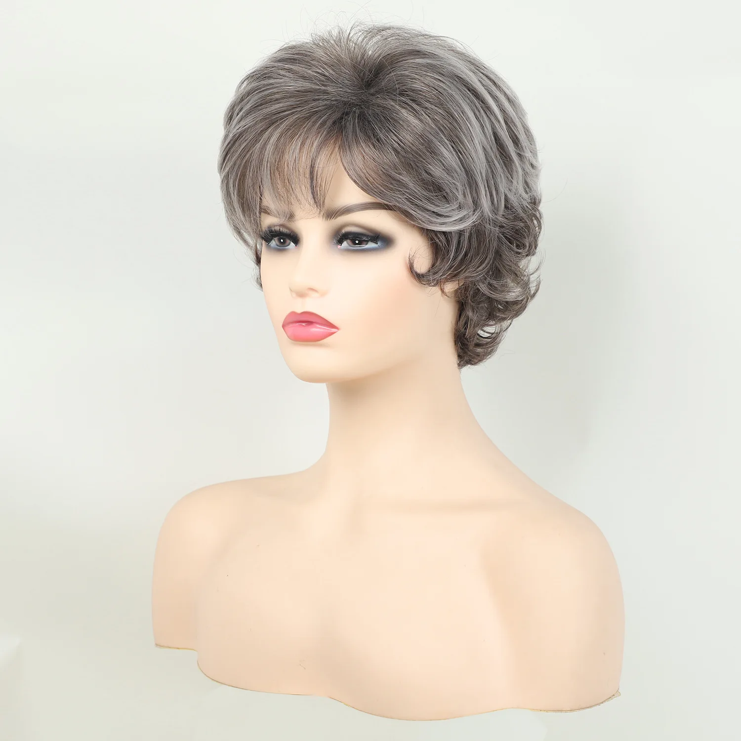 Synthetic Grey Gradient Wig Short Pixie Cut Wigs for Women Dark Root Realistic Straight Hair Mommy Wig with Bang