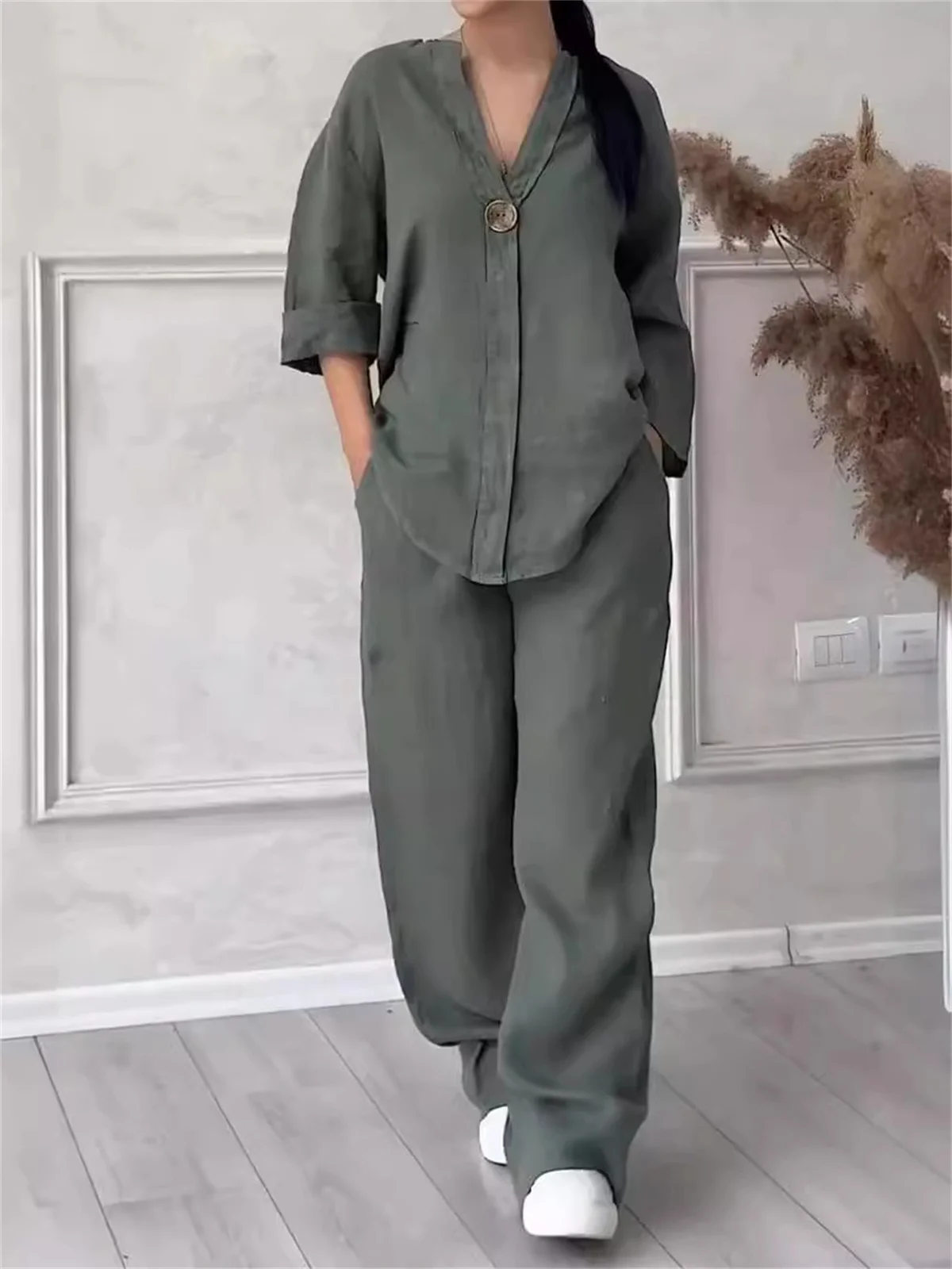 Solid V Neck Loose Suit V Neck One Button Long Sleeve Top Wide-leg Pants Women Outfit Comfortable Two piece Set Casual 2PCS 2024