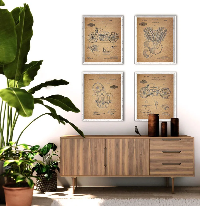 Motorcycle Design Sketch Poster Retro English Patent Figure Porch Study Bedroom Canvas Painting Man's Decor Living Room