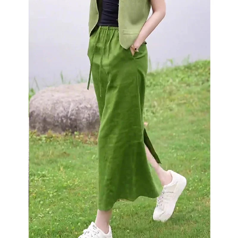 New Green Linen Summer Skirt Women Comfortable High End Casual Split Fashion Split Midi Straight Skirts High Waist Elegant Jupe
