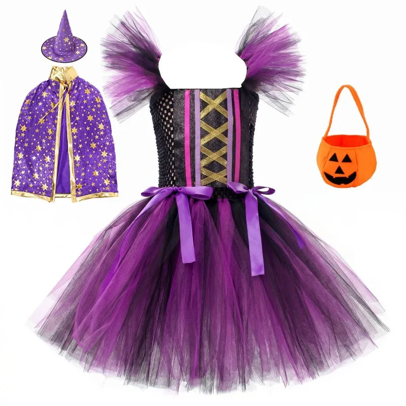 Girls' Halloween Witch Tutu Dress Set,Witch-style Festival Outfit,Kids'Dress for Carnival,Holiday Theme Parties and Performances