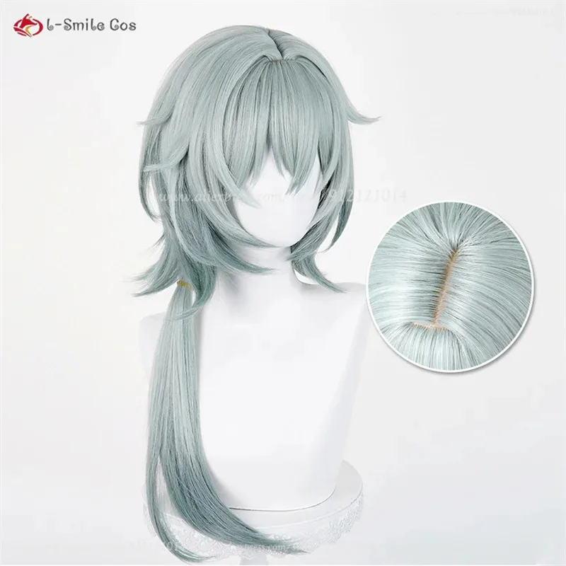 HSR Anaxa شعر مستعار تأثيري 65 سنتيمتر طويل رمادي أخضر مختلط Anaxagoras تأثيري أنيمي ازياء شعر مستعار مقاومة للحرارة الاصطناعية الشعر + غطاء شعر مستعار