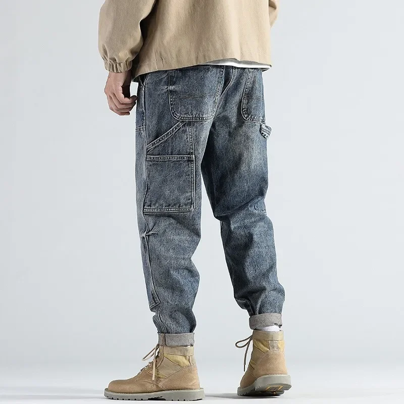 

Fashion 2022 Retro Straight Loose Large Size Cargo Jeans Men's Brand Autumn Winter Casual Small Feet Long Baggy Harem Pants