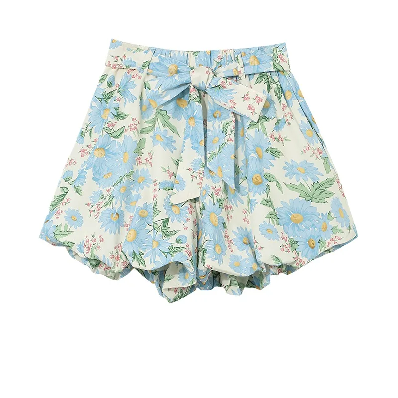 Spring New Women's High Waist Tie Bow Lantern Cloud Flower Bud Pumpkin Skirt Pants Sweet Girl Lolita Shorts