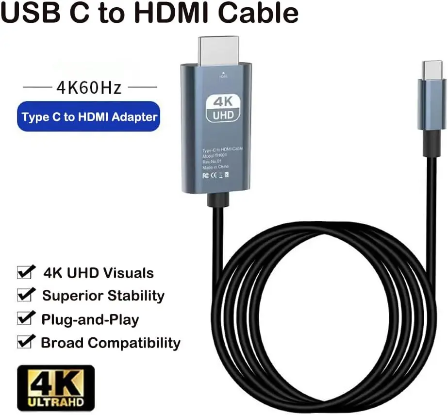 USB C To HDMI Cable 4K@60Hz 6.6Ft High-Speed USB 3.1 Type-C To HDMI 2.0 Cord For Home Office,Macbook Laptop Phone to TV Cable