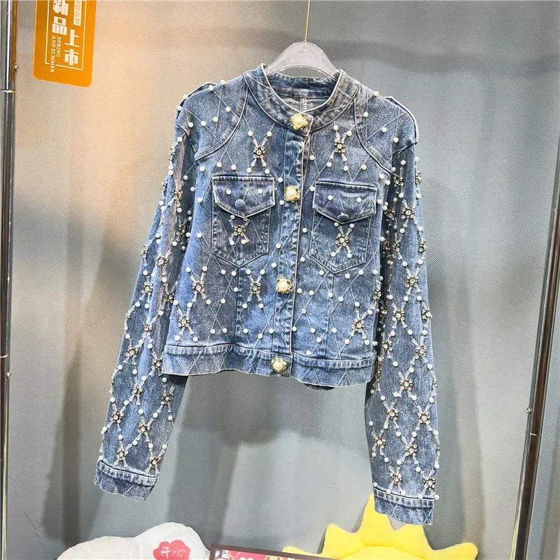 Blue Slim Short Denim Jacket Women Heavy Work Pearl Beaded Diamond Stand-up Collar Single-breasted Long Sleeve Jeans Jacket - Image 2