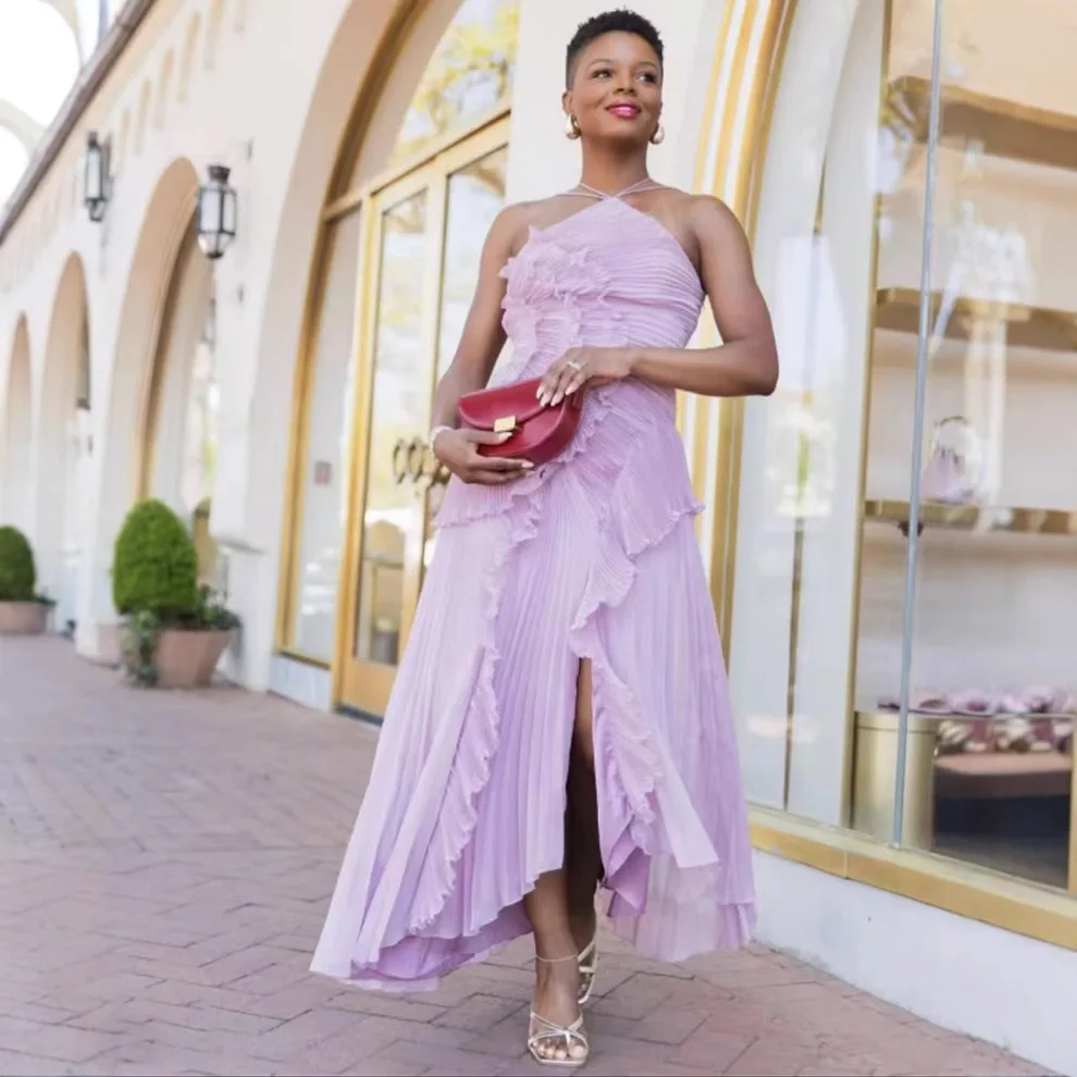 2025 Primavera ed estate Nuovo abito lungo elegante in chiffon con pendolo e collo a foglia con volant