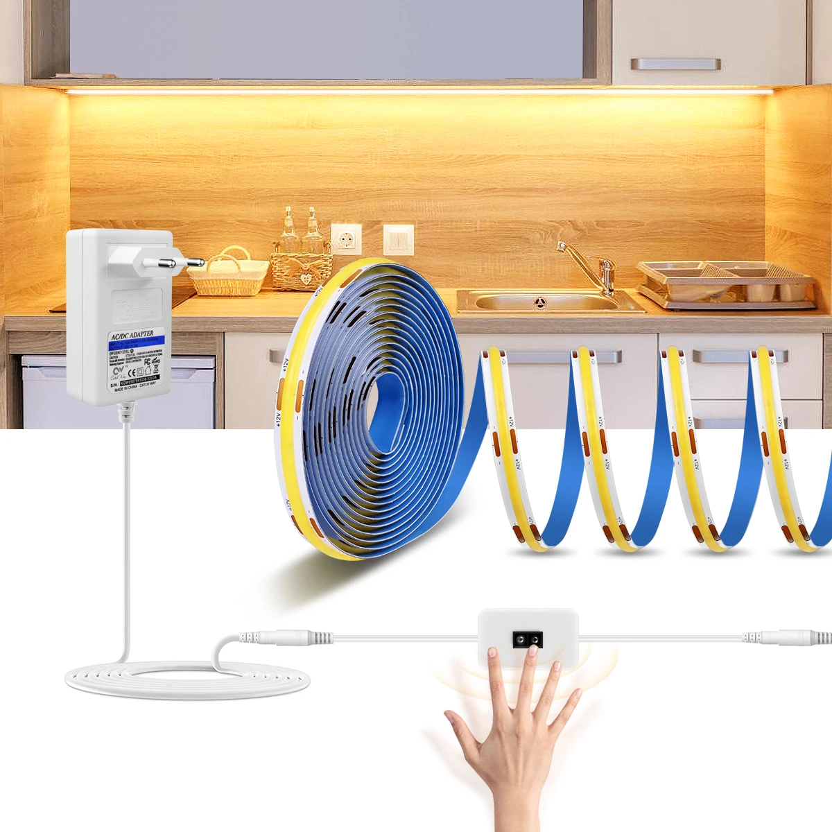 12V COB LED Strip Lights 320LEDs/M High Density Touch Sensor Dimmable Switch RF Remote Control for Kitchen Room