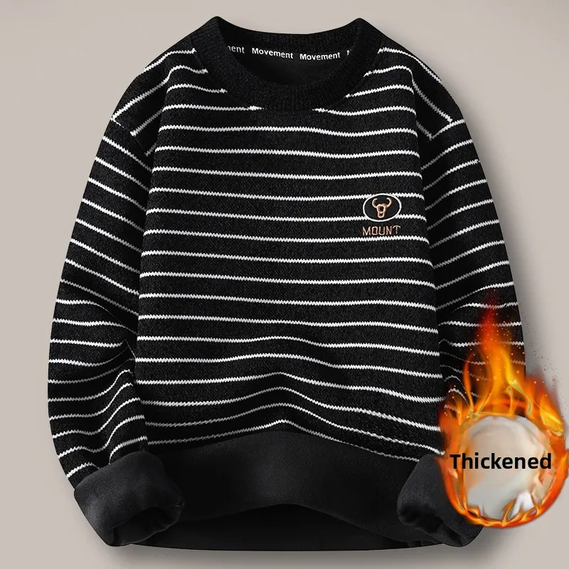 

Мужской теплый вязаный свитер с флисовой подкладкой для осени и зимы, базовый слой для подростков и студентов, модный молодежный свитер с круглым вырезом