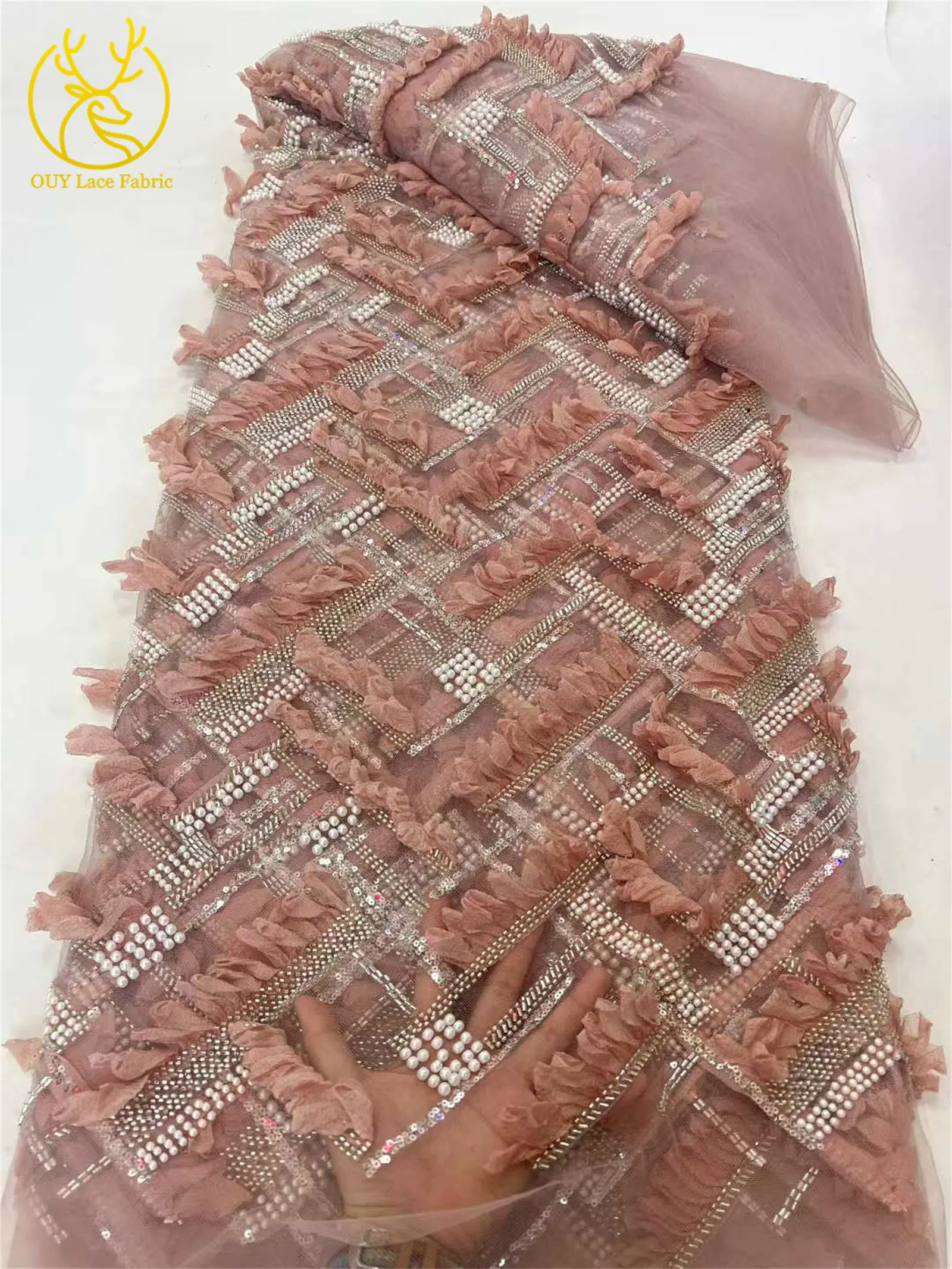 Neues Design 3D Afrikanischer Perlenstickerei-Spitzenstoff 2026 Hochwertiger Französischer Pailletten-Tüllspitzenstoff für Nigerianische Hochzeitskleider – Detail 5